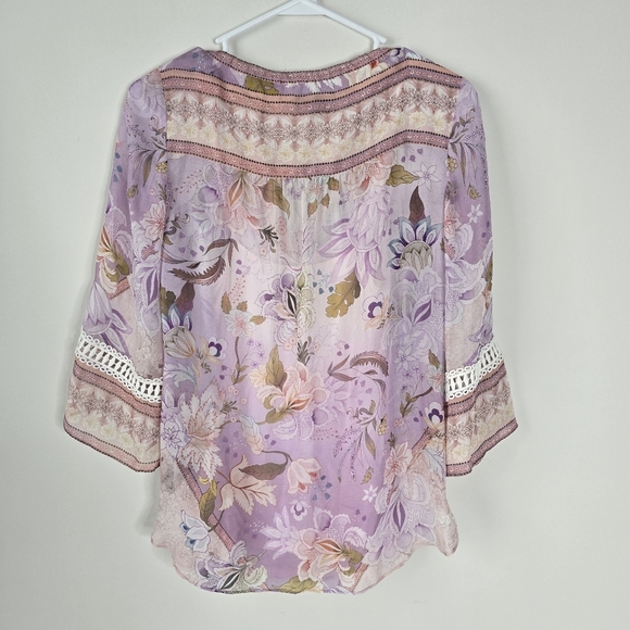 Hale Bob 100% Silk 3/4 Sleeve Floral Blouse Crochet Details Semi Sheer Keyhole - Picture 7 of 14